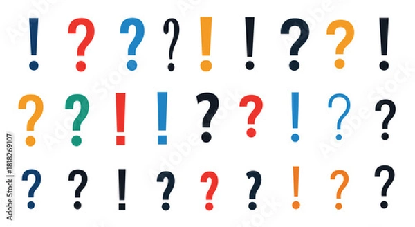 Fototapeta Colorful set of question marks and exclamation points in various styles and colors for communication and design concepts.
