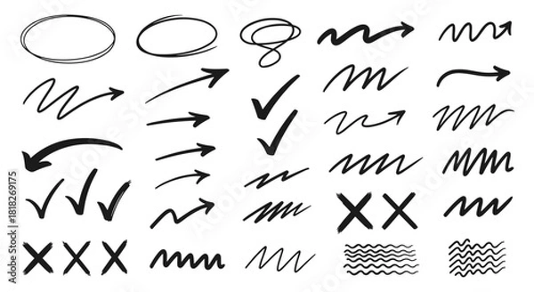 Fototapeta Large collection of hand-drawn marker elements including arrows check marks crosses and scribbles for presentations and notes.