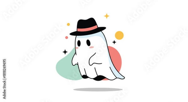 Fototapeta Adorable and stylish cartoon ghost character wearing a black fedora hat with colorful abstract shapes in the background.