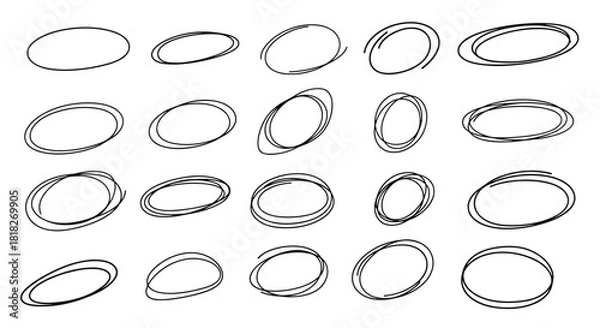 Fototapeta Big collection of hand-drawn scribble ovals and ellipses in various shapes and sizes for highlighting and design emphasis.