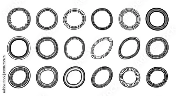 Fototapeta Big collection of hand-drawn doodle circles and ovals with various line textures for creating unique frames and borders.