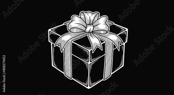 Fototapeta Vintage engraving-style illustration of a gift box with a large ribbon bow in black and white on a black background.