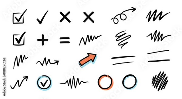 Fototapeta Collection of hand-drawn doodle elements including check marks arrows squiggles and circles for marking up documents and notes.