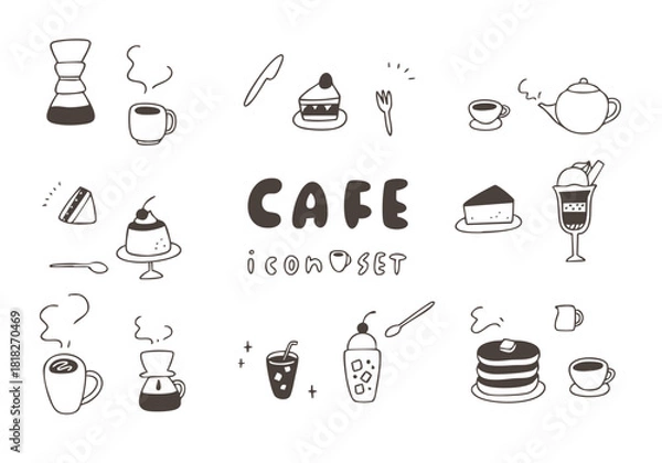 Obraz 手書きのかわいいカフェの線画セット