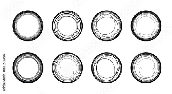 Fototapeta Set of eight hand-drawn scribble circle frames with layered line textures perfect for creating grunge-style design elements.