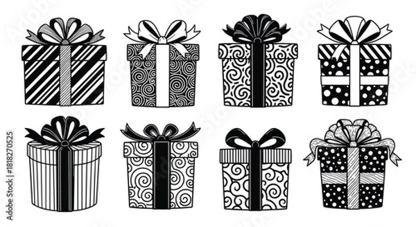 Fototapeta Set of eight intricately detailed hand-drawn gift boxes with various doodle patterns and bows in black and white.