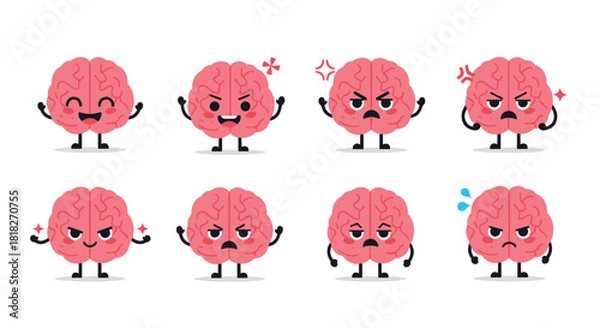 Fototapeta Set of cartoon brain characters with various angry and frustrated expressions for concepts of stress and mental challenges.