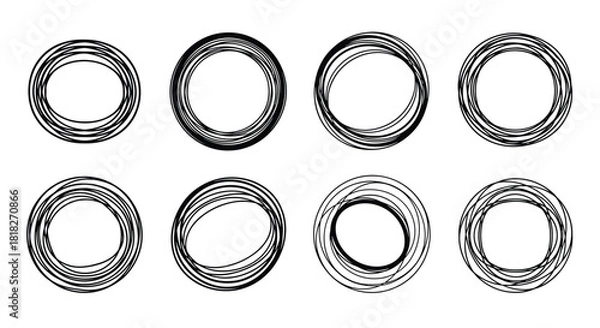 Fototapeta Collection of eight hand-drawn scribble circle frames with a chaotic and messy texture for artistic borders and highlighting.