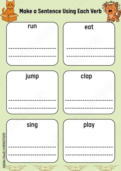 Obraz Interactive Learning Worksheet for Young Students Master English Verbs by Crafting Sentences – A Fun Educational Activity for Language Development and Practice