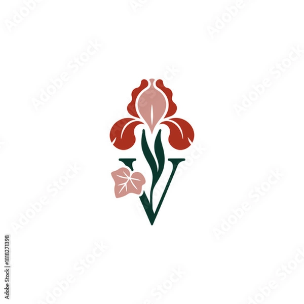 Obraz Minimalist design of iris flower and letter V logo