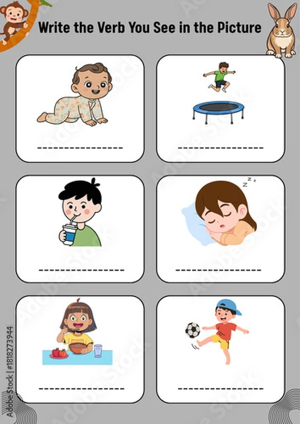 Obraz Educational Worksheet for Kids Learning Verbs through Pictures of Actions