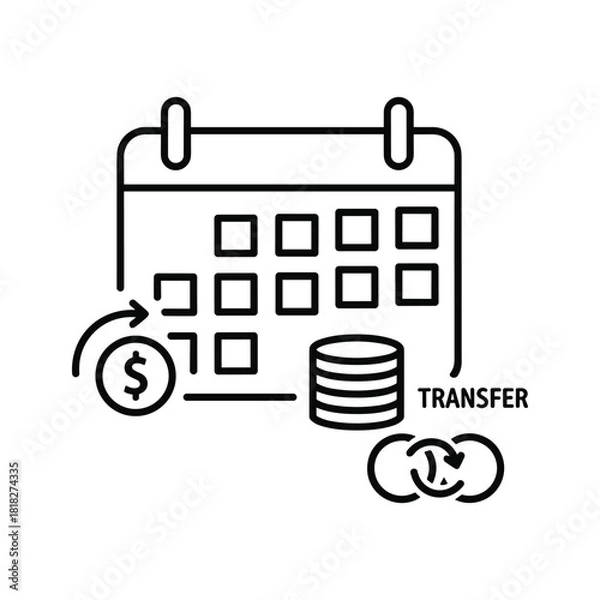 Fototapeta Black and white line icon representing scheduled money transfer or recurring payment on calendar