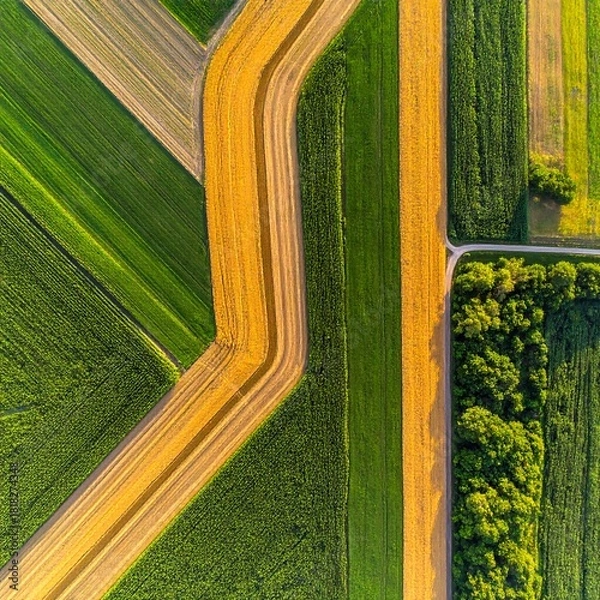 Fototapeta Aerial view showcases a mosaic of vibrant farmland with fields of varying hues and textures, with a tree border and roads