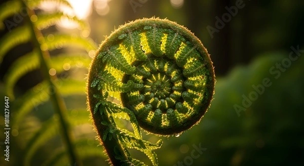 Fototapeta Closeup of a vibrant green fern frond unfurling in a spiral pattern, illuminated by warm golden sunlight in a lush forest setting