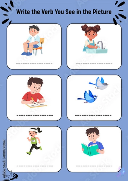 Obraz Interactive Verb Identification Worksheet for Kids Engaging Educational Activity to Enhance Language Skills and Vocabulary Through Illustrated Actions