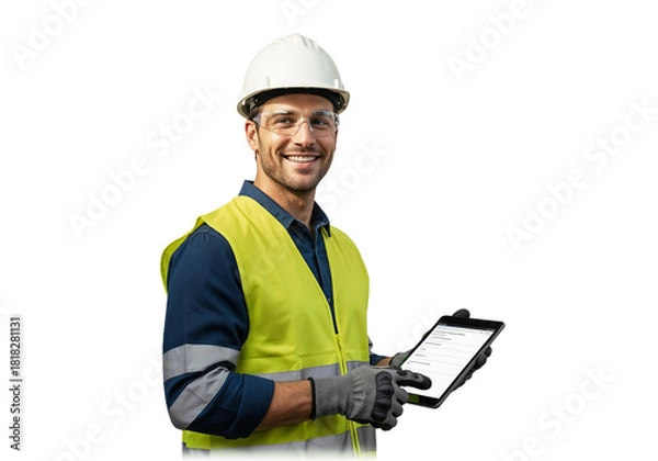Fototapeta Construction worker using tablet on site during the day for project management and communication