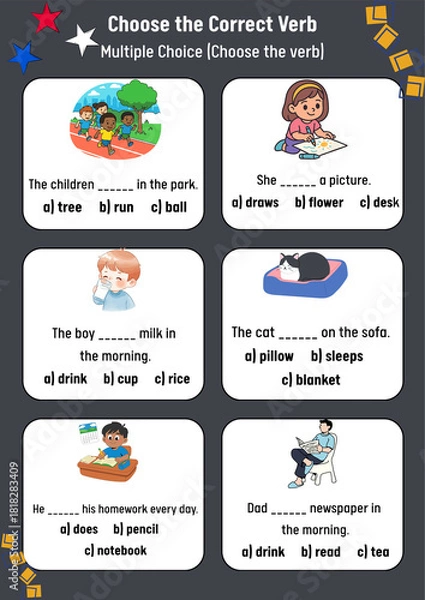 Obraz Fun English Worksheet Choose the Correct Verb for Kids' Activities and Daily Routines
