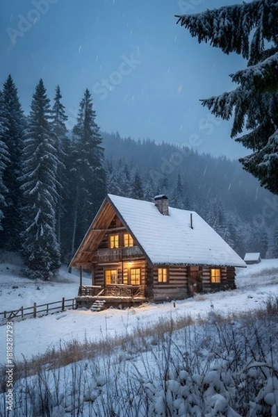Obraz 
This AI-generated image depicts a serene and cozy winter scene featuring a rustic log cabin nestled deep within a snow-covered pine forest.