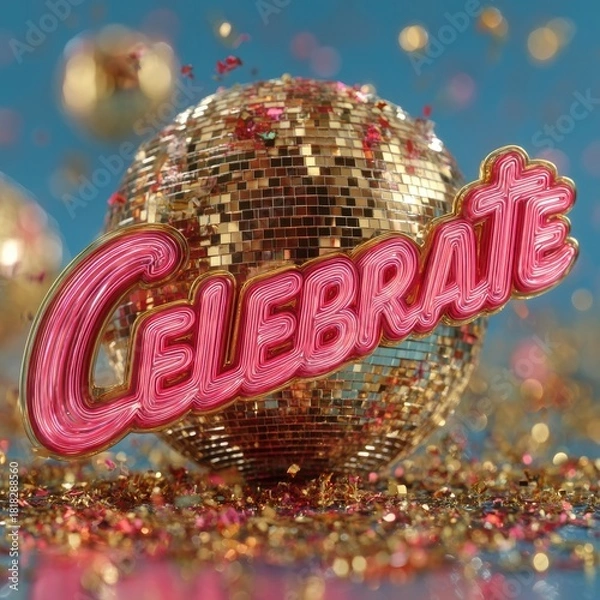 Fototapeta CELEBRATE 3D text in neon pink retro script with gold confetti for high-energy party mockup e-commerce event banner and festive graphic design asset

