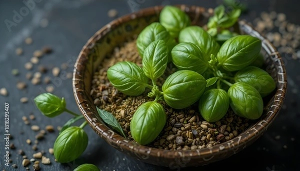 Fototapeta Close up photo of fresh basil leaves and dried herbs in a decorative bowl on a dark surface.