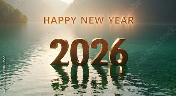 Fototapeta Golden 2026 new year celebration on a calm lake with a bright sky