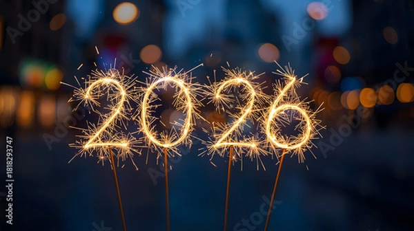 Fototapeta 2026 concept with sparklers. Merry Christmas and Happy New Year 2026 greeting card., banner, background