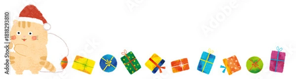 Obraz ねこのサンタクロースとプレゼント　飾り罫　クレヨンタッチ