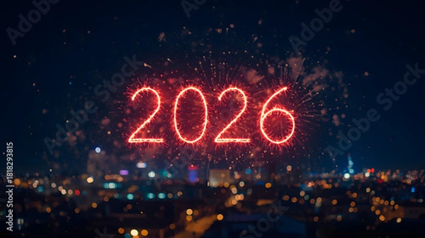 Obraz 2026 concept with sparklers. Merry Christmas and Happy New Year 2026 greeting card., banner, background