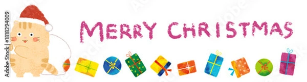 Obraz ねこのサンタクロースとプレゼント　飾り罫　クレヨンタッチ