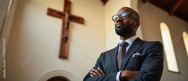 Fototapeta Confident Black man in a suit standing in a church with a cross in the background. Portrait of a spiritual leader representing faith and religion