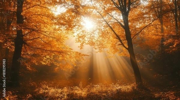 Fototapeta Sunlight filtering through golden autumn leaves in a mystical forest, creating a warm and enchanting atmosphere