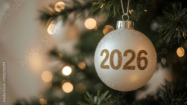 Fototapeta 2026 concept written on a baubble. Merry Christmas and Happy New Year 2026 greeting card., banner, background