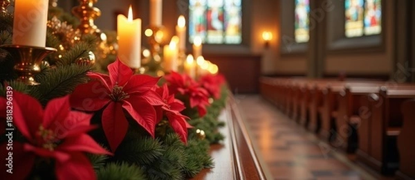 Fototapeta Festive Christmas decorations in a church with red poinsettias and glowing candles. Religious holiday background for an advent service