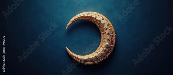 Fototapeta Ornate golden crescent moon with blue jewels on a dark background. Islamic symbol for ramadan and eid. Luxury holiday banner with copy space
