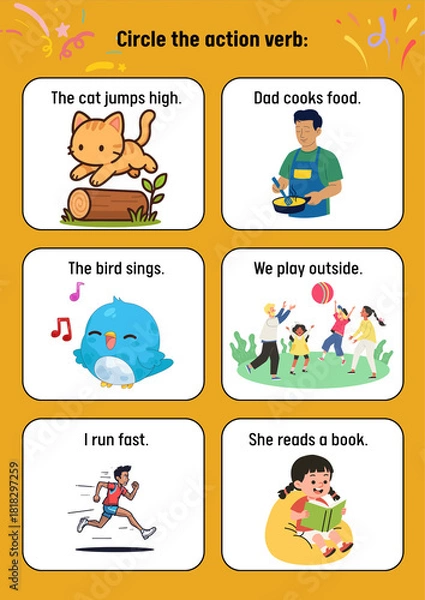 Obraz Educational worksheet for children learning English grammar and action verbs with colorful cartoon illustrations