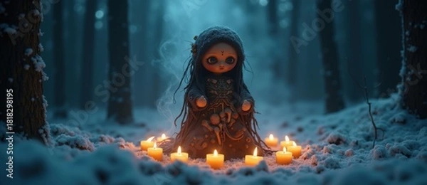 Fototapeta A mysterious doll performs a magical ritual with a circle of candles in a dark snowy forest. Supernatural fantasy and witchcraft concept