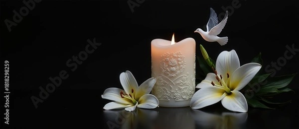 Fototapeta A lit memorial candle with white lily flowers and a dove. Sympathy and condolence card concept. Funeral background with copy space