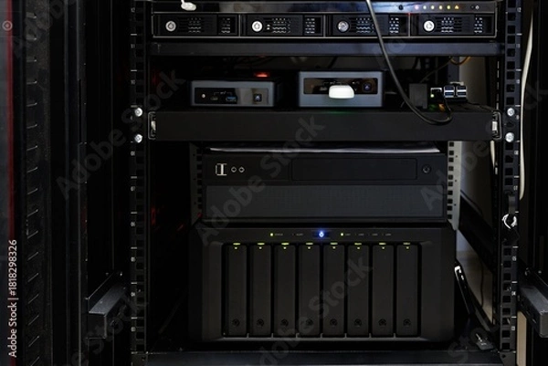 Fototapeta Exploring a Modern Data Storage Rack with Advanced Networked Systems and Multiple Drives for Efficient Data Management and Accessibility