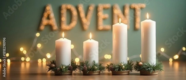 Fototapeta Four lit white Advent candles with Christmas decorations. Traditional Christian holiday spiritual background with the word Advent. Festive winter season celebration