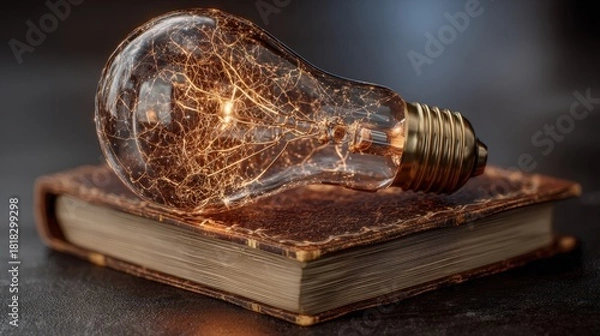 Fototapeta A glowing light bulb with a neural network filament on an old antique book. The concept of knowledge, creativity, and inspiration from wisdom