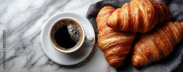 Fototapeta Fresh buttery croissants with hot black coffee on marble table for breakfast concept, Freshly baked croissants served with a hot cup of coffee, capturing a warm breakfast mood and delicious bakery