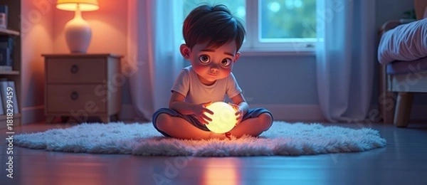 Fototapeta A young boy with big eyes holds a glowing orb in his bedroom. Child sitting on a rug with a magical light source. Childhood imagination and wonder concept