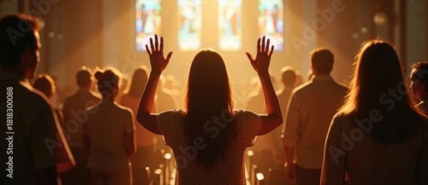 Fototapeta Woman with hands raised in worship at church. Congregation praising during a spiritual service with golden light from stained glass windows. Faith and community concept