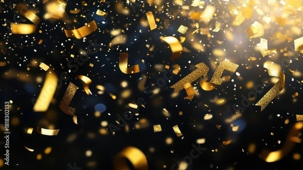 Fototapeta Golden confetti and glitter falling against a dark, blurred background, creating a festive and celebratory atmosphere for events