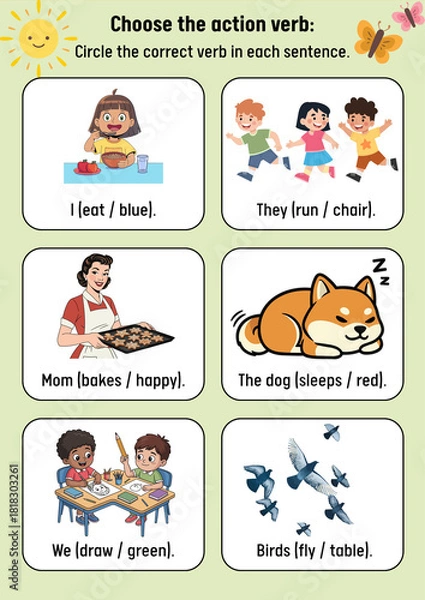 Obraz Engaging English grammar worksheet for children to learn and identify action verbs with fun illustrations