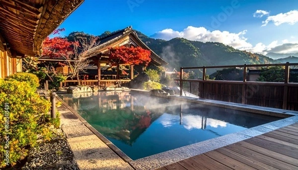 Obraz 秋の露天風呂　日本の旅館の温泉