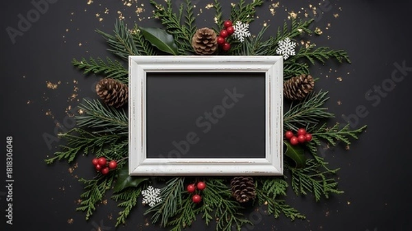 Fototapeta Empty white frame surrounded by festive christmas fir branches and pine cones