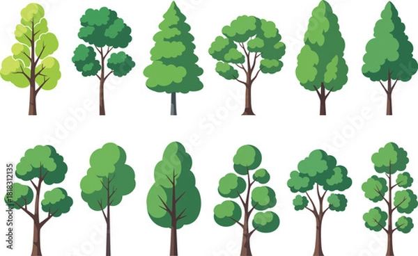 Obraz Collection of diverse stylized green trees in various shapes and sizes on a white background