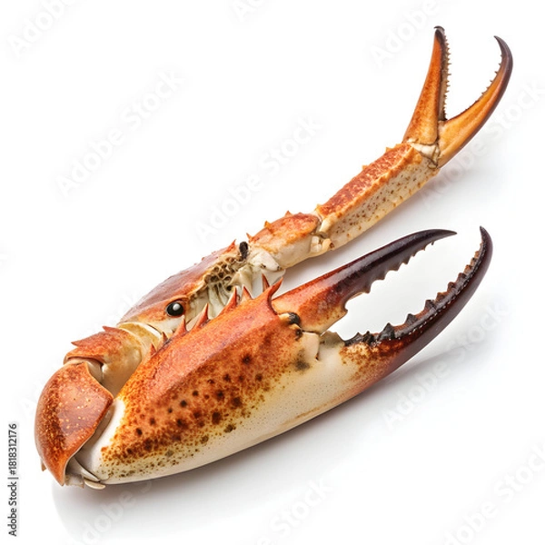 Fototapeta A single raw crab claw is isolated on a white background, highlighting its freshness, texture,