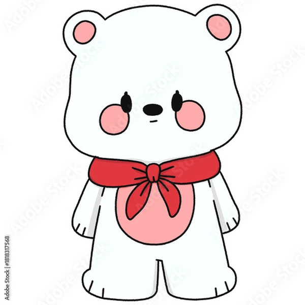 Obraz Cute White Bear Cartoon with Red Scarf - Line Color